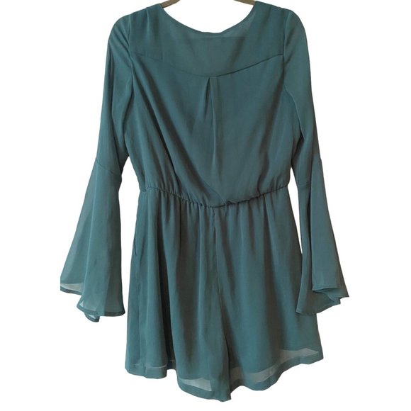 Leith Long Bell Sleeve Sheer Romper Teal Green Size Medium - Picture 4 of 7